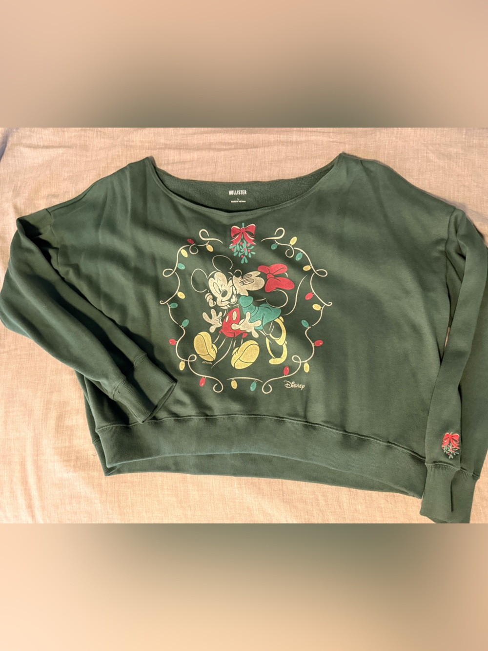 Hollister Dark Green Mickey & Minnie Holiday Sweatshirt